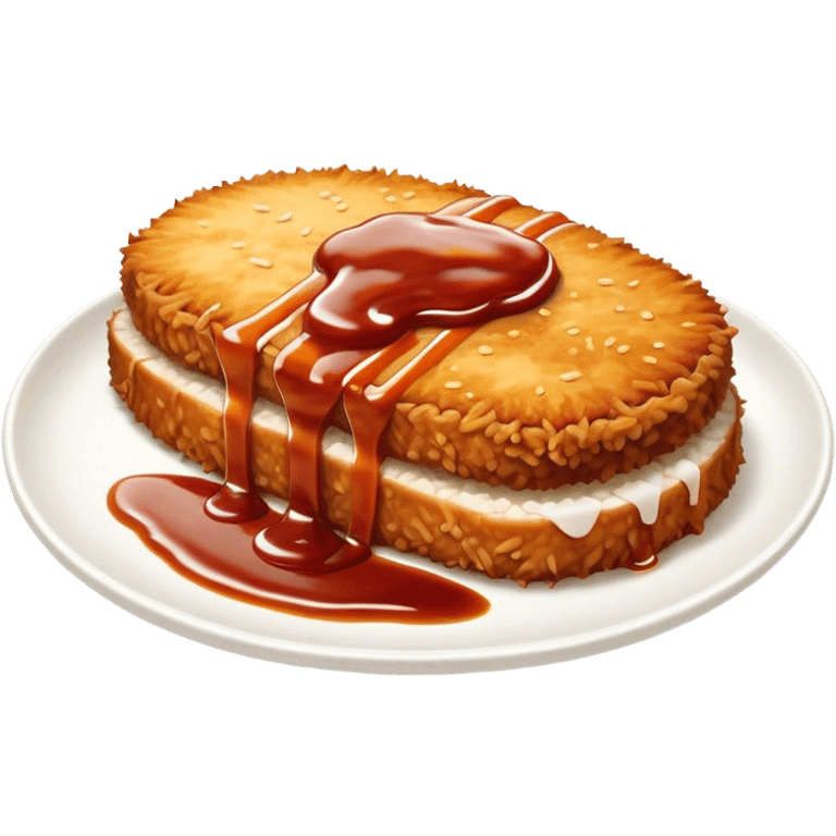 Tonkatsu Cinematic Realistic Tonkatsu Dish Emoji, depicted as a golden, crispy pork cutlet drizzled with tangy BBQ sauce, rendered with detailed textures and dynamic, appetizing lighting. emoji