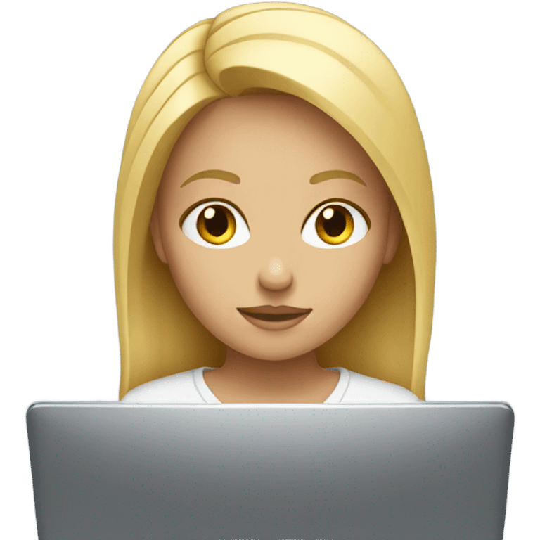 A blonde girl working on her laptop in a beige aesthetic setting.  emoji