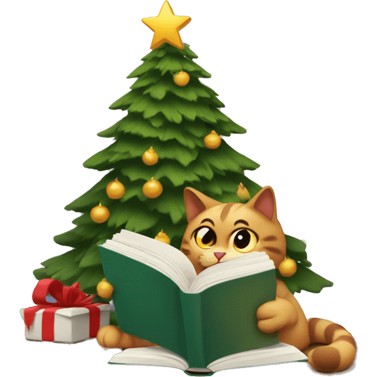 Cat reading a book by a Christmas tree and fire emoji