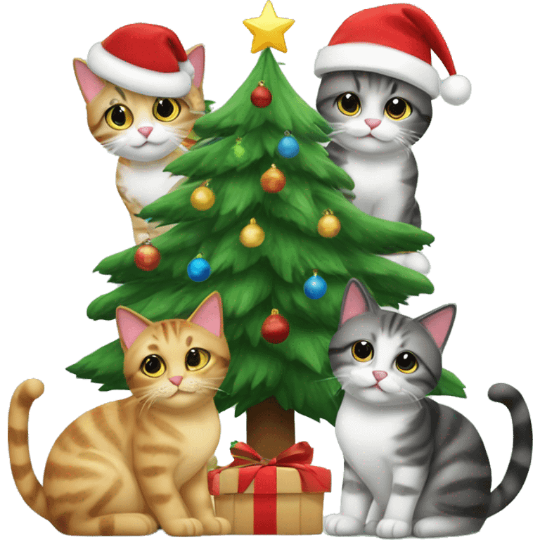 Four different cats sitting under a Christmas tree  emoji