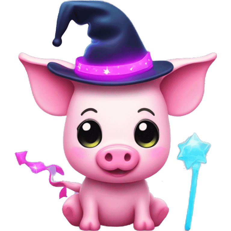 Kawaii neon piglet with magic hat and wand  emoji