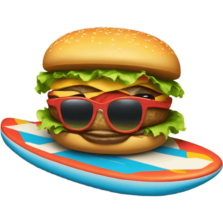 Hamburger on a surfboard wearing sunglasses emoji