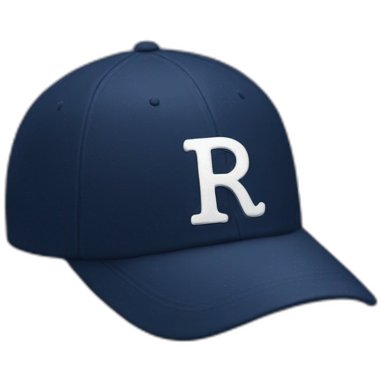 a navy baseball cap with a small white letter R on the front, seen from the side emoji