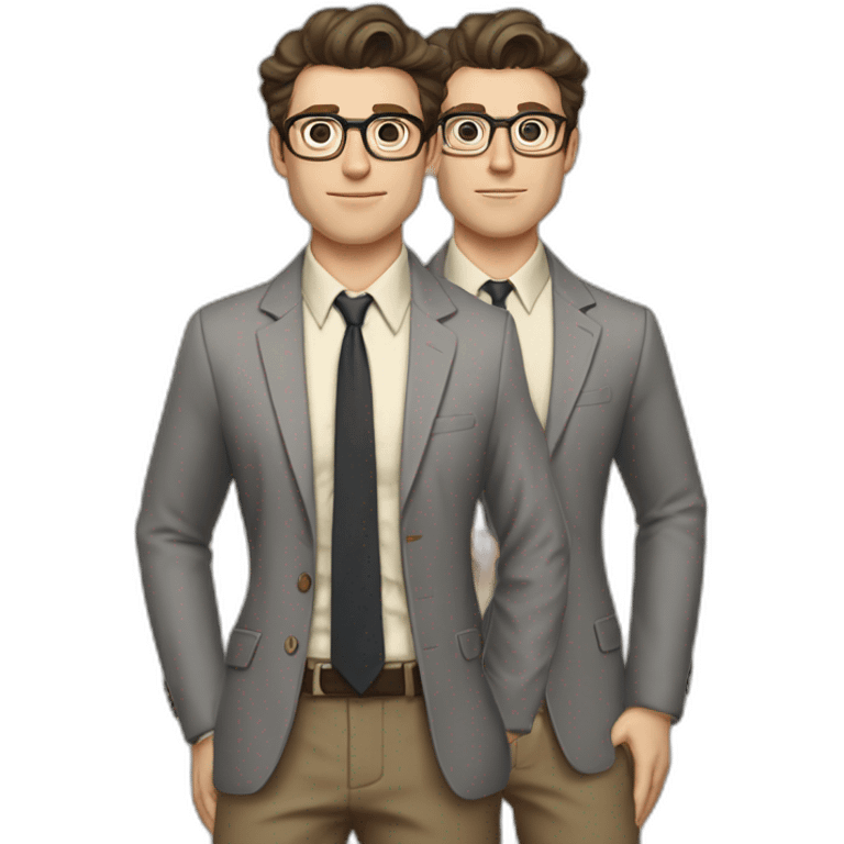 Full height Pale skinned Fit Man With dark brown hair in gray jacket, beige office shirt, tie, Brown pants and vintage glasses. Thrumbs of his palms directed up emoji