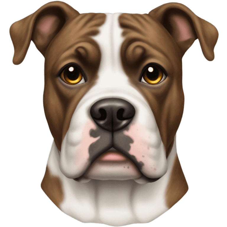 Portrait of a brindle bully breed dog with white around her muzzle and up her forehead. And a white chest.  emoji