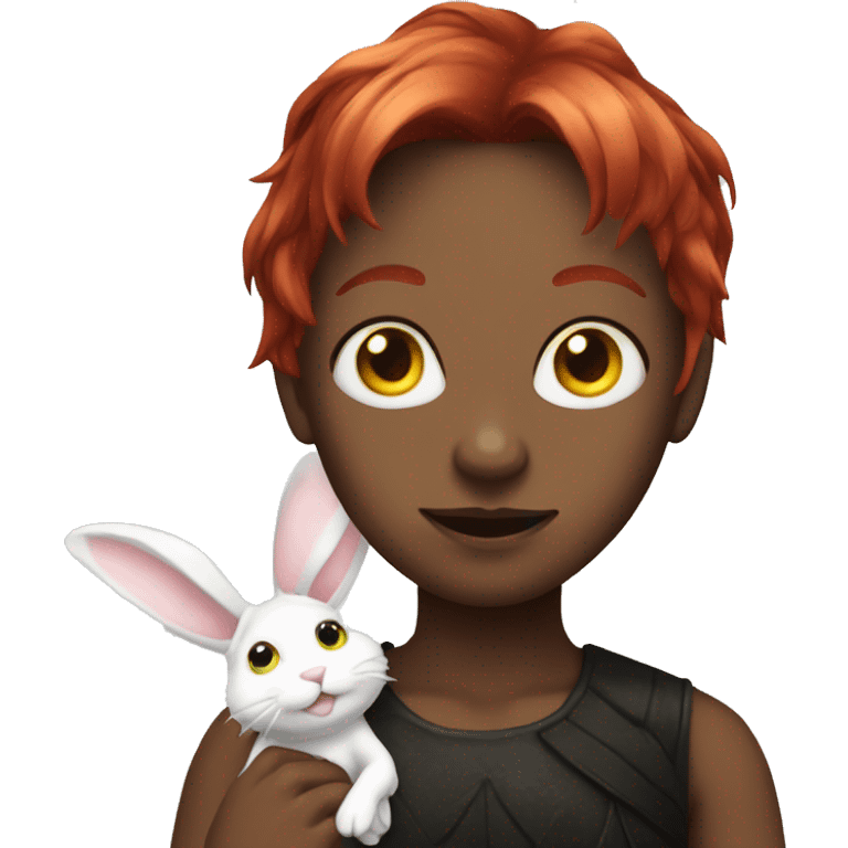 dark fairy with red hair, green-yellow eyes and white bunny ears emoji