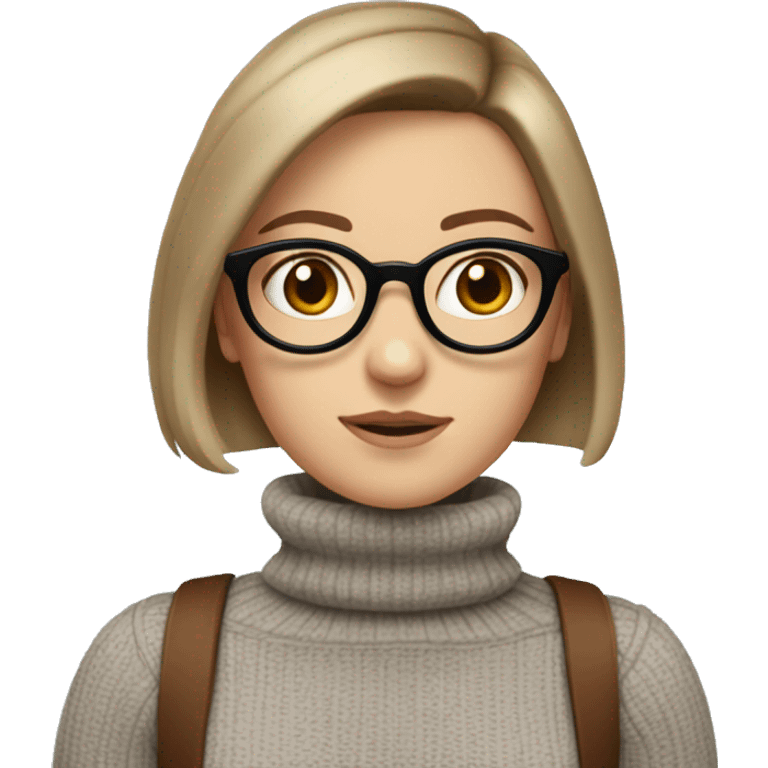 White girl in a turtleneck with brown bob, round brown glasses, and blue eyes emoji