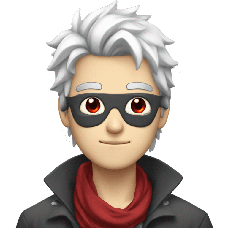 Anime guy, with white messy hair,  eye patch on right eye , red eyes, crimson scarf around neck, and gray skin  emoji