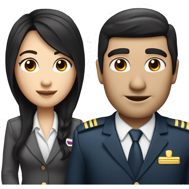 Flight attendant with long black hair and white skin with a pilot man with black hair emoji