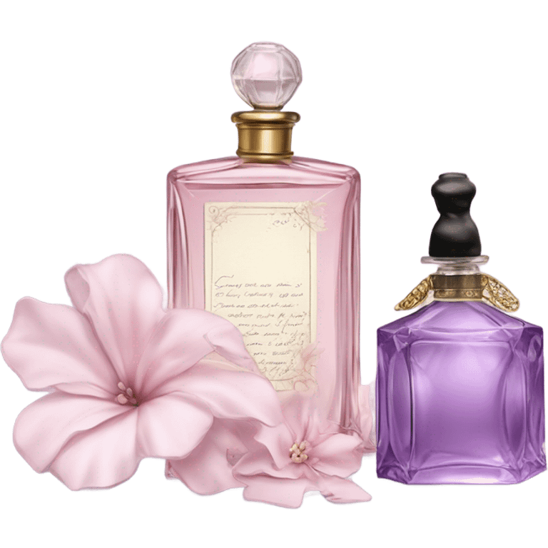 Aesthetic showcase of light pink stock flowers, a vintage-inspired violet perfume bottle, an emotional love note, and a purple silk bookmark. emoji