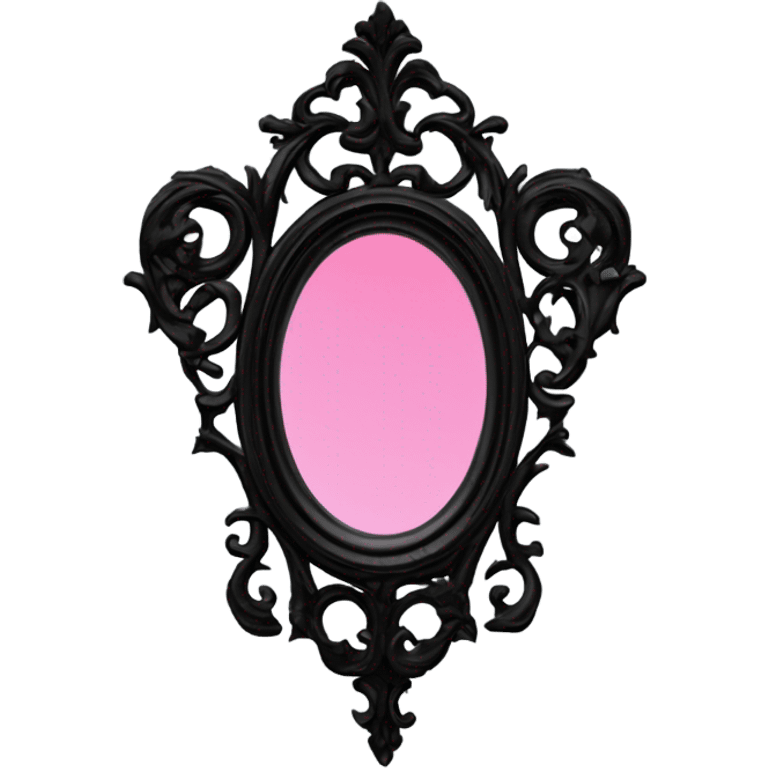 "Design a Victorian Gothic mirror with an ornate black frame featuring scrollwork and filigree. Include accents of dark red and burnt pink. The mirror glass should be gray, creating a mysterious and somber look." emoji