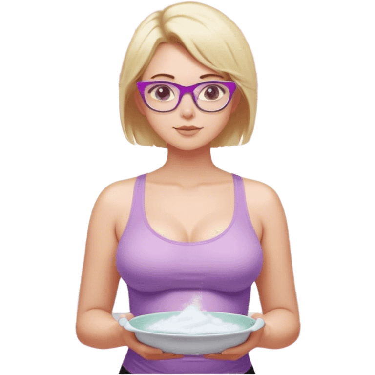 Thick fair skinned woman, short blond hair, small light purple reading glasses, washing dishes, sheer pink tank top, showing natural breast shape SFW, black yoga pants, thick booty emoji