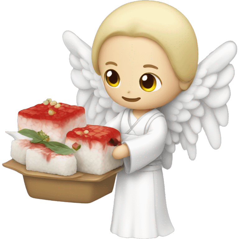 angel holding japanese maki with vampire emoji