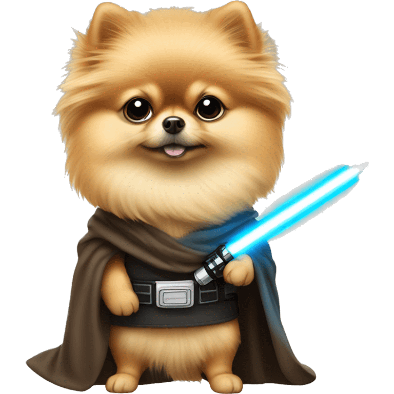 Pomeranian dressed as Luke Skywalker holding a lightsaber emoji