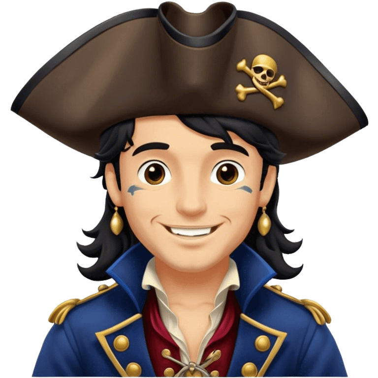 A charming man pirate with wavy black hair, wearing a decorated tricorn hat and a velvet coat, smiling confidently emoji