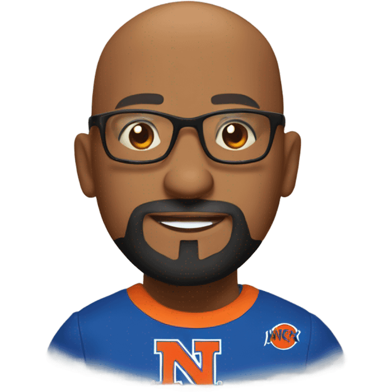 A Bald man with a beard, goatee, and glasses wearing a New York Knick tee shirt while throwing flames. emoji