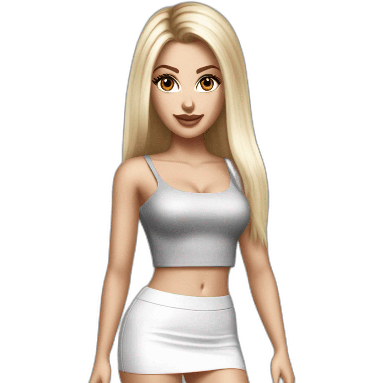 hyperrealist caucasian long straight blonde hair dark brown eyes woman sexy white crop top gray tight mini skirt, High heel black patent louboutin, full body emoji