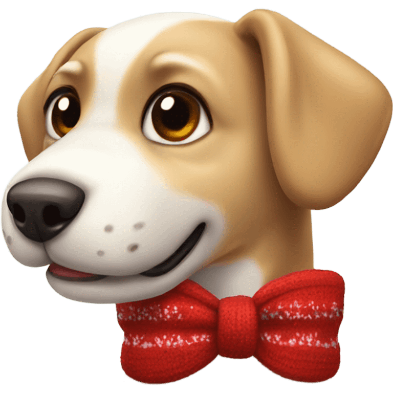 A cute dog wearing a Christmas sweater on and has a red bow beside there left ear emoji