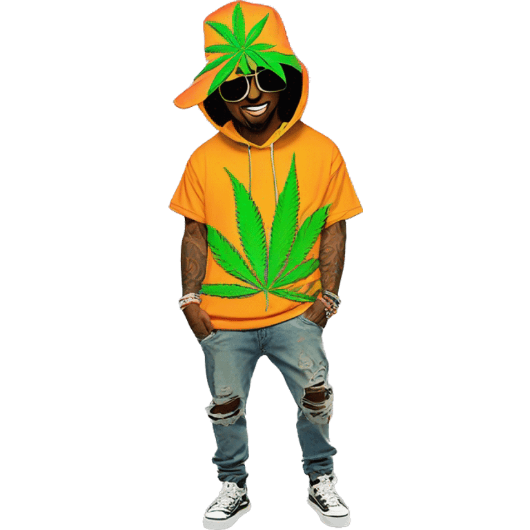 Hemp leaves Multicoloured neon person smoking wearing hoodie dancing hip hop bucket hat tropical Skater fashion aesthetic baggy clothes graphic t shirt 420 emoji