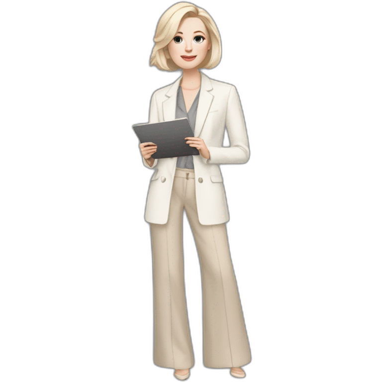 pale skin woman with ash blonde Straightened bob Hair, White Spacious classical jacket, beige palazzo Arrow pants and gray blouse holding a color palette in the hands emoji