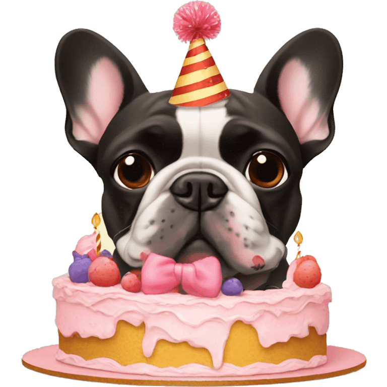 two french bulldogs birthday hats and cake emoji