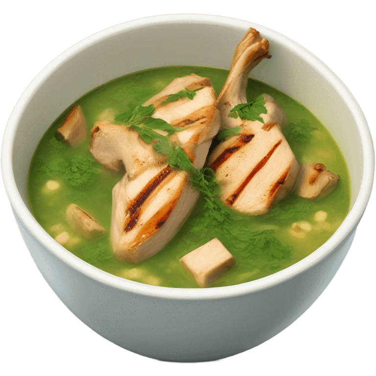 Molokhia soup in a bowl with grilled chicken ontop emoji