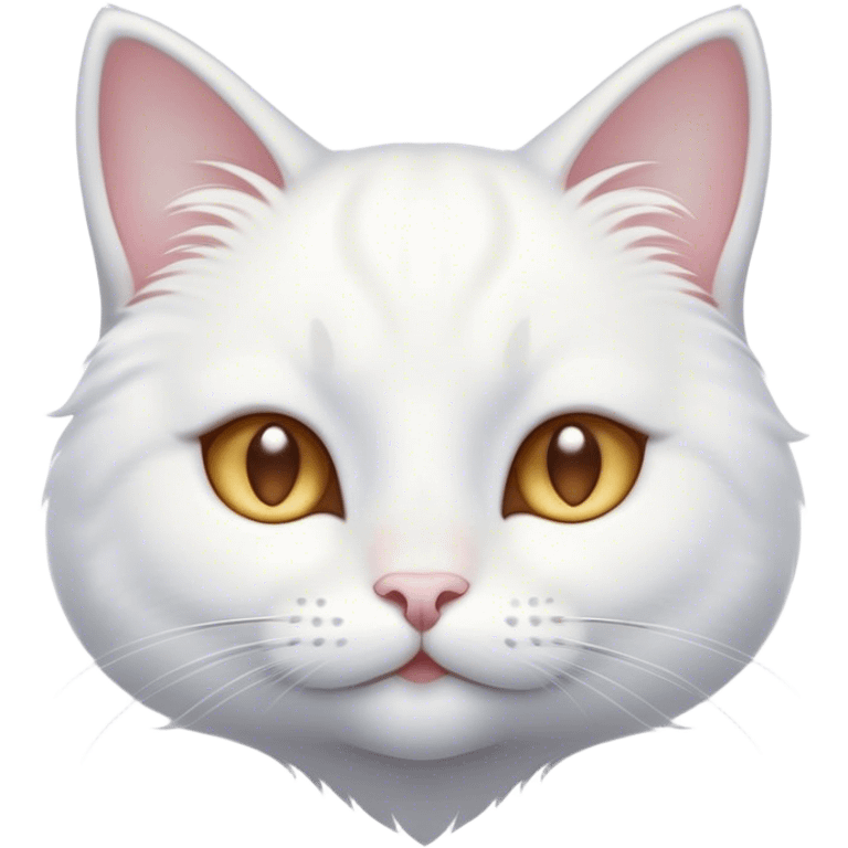 Cinematic Cute White Cat Portrait Emoji, Head tilted with a soft, gentle smile and sparkling eyes, featuring a silky, pristine white fur with subtle silver highlights, simplified yet irresistibly adorable, highly detailed, glowing with a warm, snowy glow, high shine, radiating affectionate charm and tender grace, styled with a light, playful outline, capturing the essence of a cute white cat that looks as if it could melt your heart with a single blink! emoji