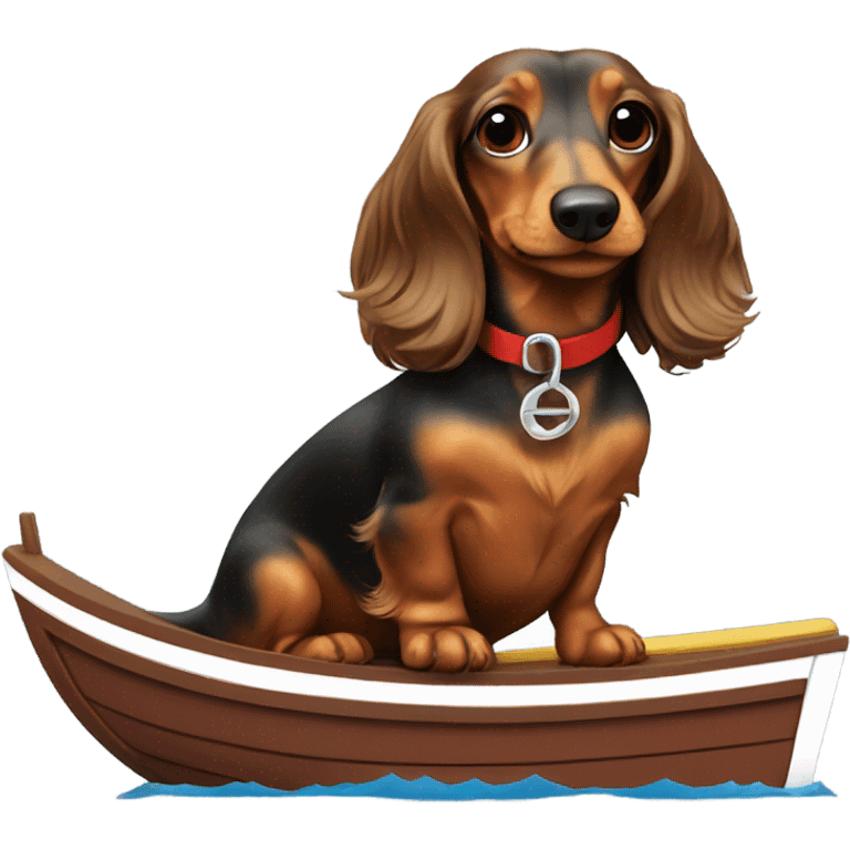 Long haired mini dachshund in speedboat emoji