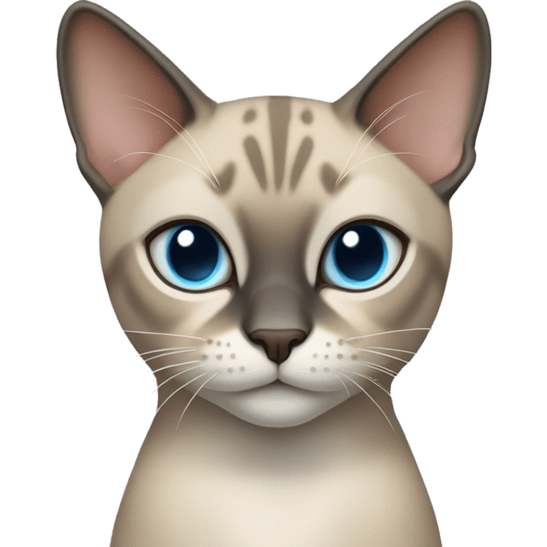 Thai breed cat with a light cream-brown body, dark gray face, ears, and paws. Short fur, sharp ears, and striking light blue eyes with an intense gaze. emoji