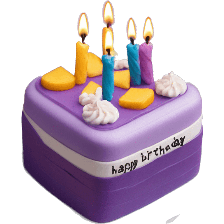 Purple Colored bento birthday with frosting and written on the cake "happy birthday" in flowy letters emoji