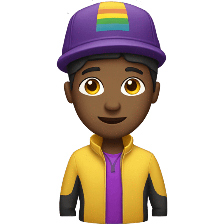 Black gay man with yellow jacket and purple hat emoji