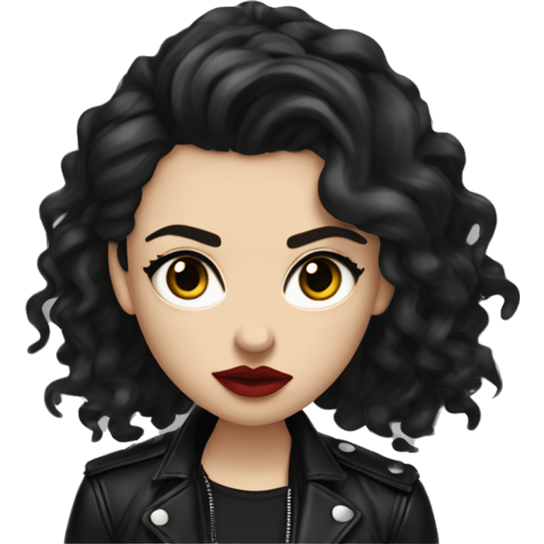 White girl, with long curly black hair, with red lipstick, black winged eyeliner, wearing black shirt and black leather jacket, rolling her eyes in annoyance  emoji