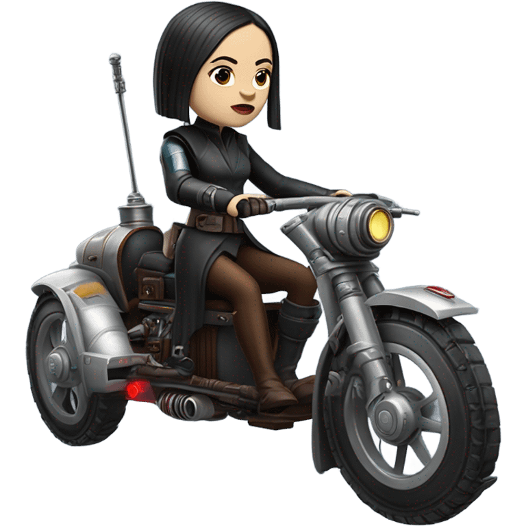 Jedi bounty hunter Wednesday Addams racing in a modern blue,red and pewter steampunk electric luxury flying speeder bike from Star Wars  emoji