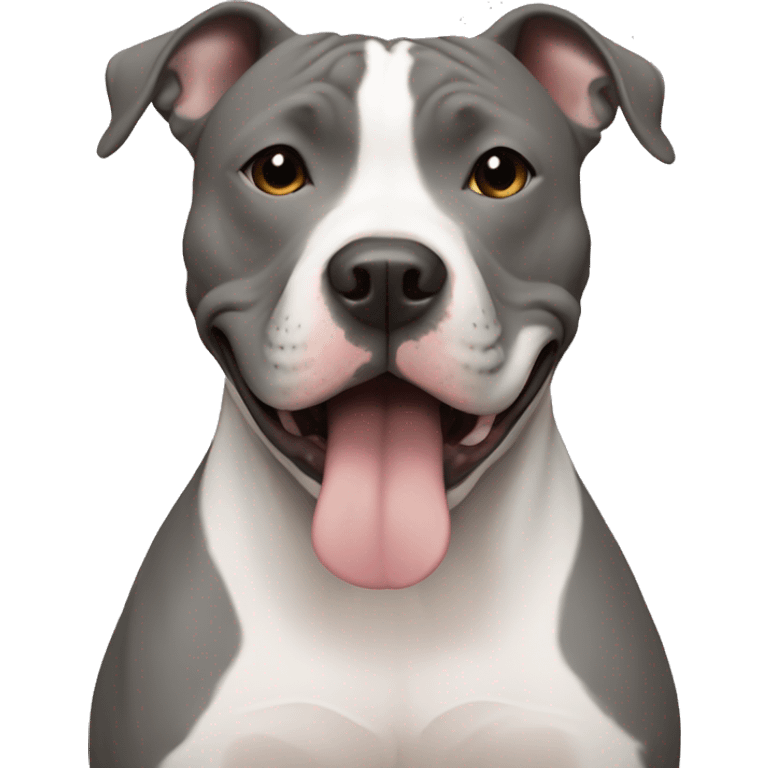 A gray American Staffordshire Terrier with a white stripe on his nose hugs me emoji