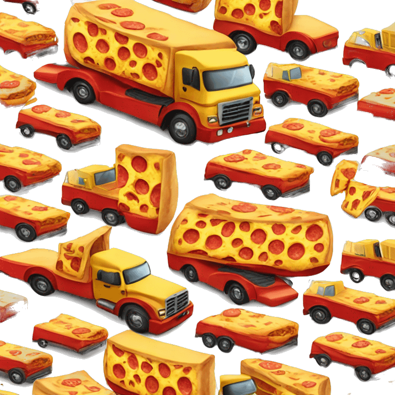 Red and Yellow Semi Truck With Pepperoni on it so that it looks like a pizza emoji