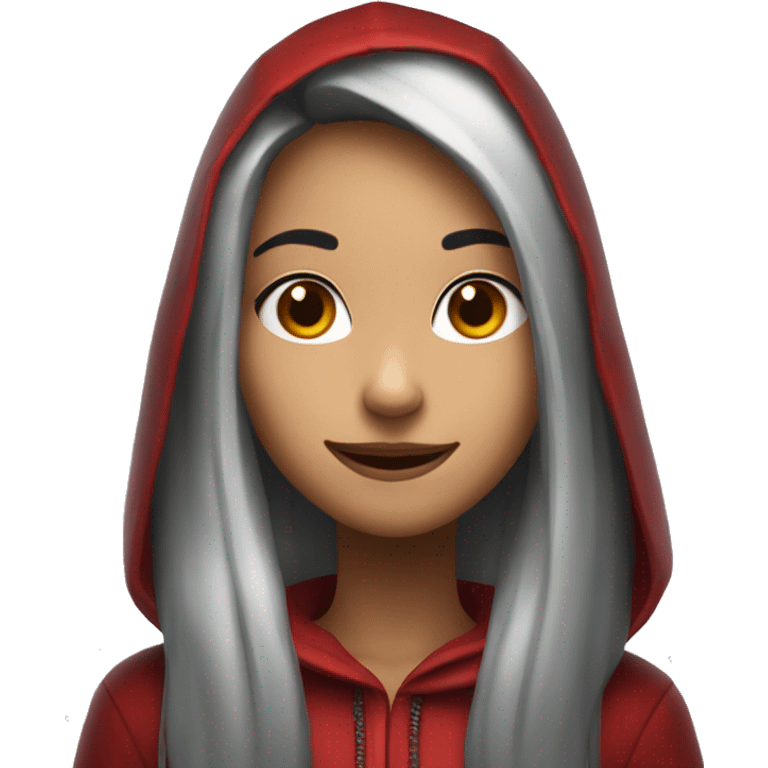 Girl with long black hair and red hood smile happy real with smaller eyes  emoji