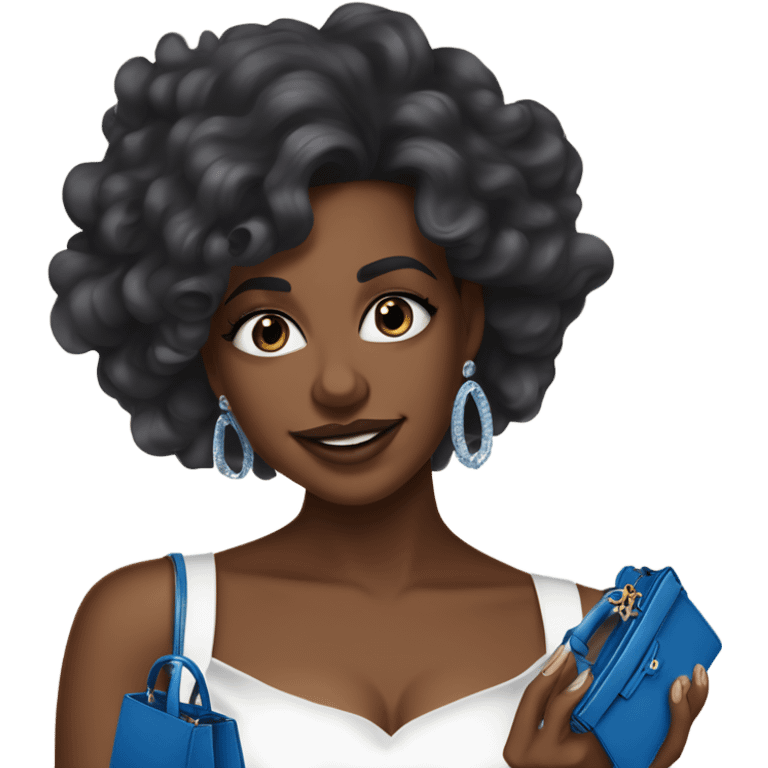 Brown Black woman in her mid-20s with blowout curls, wearing a white dress, holding a blue mini Hermes Kelly BAG, and a 7-carat ring. A White  man with blue eyes, dark grey hair, mustache, and an expensive watch, smiling at her.” emoji