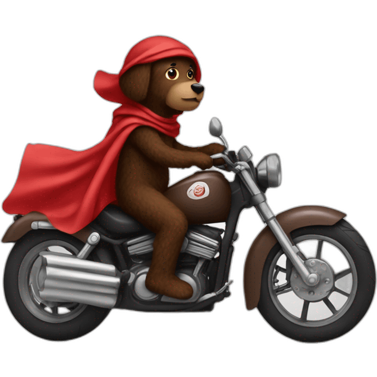 A chocolate brown doodle wearing a red and black handkerchief riding a motorcycle emoji