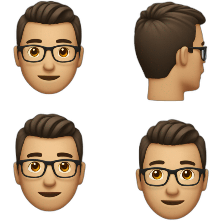 guy programmer has “top knot” hair cut, dark brown hair, dark brown eyes, has square glasses on emoji