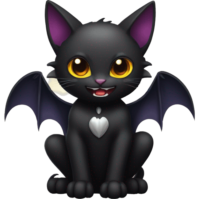 Black vampiric Cat-Fakémon with big fangs and bat wings on head and bat wings on back full body emoji