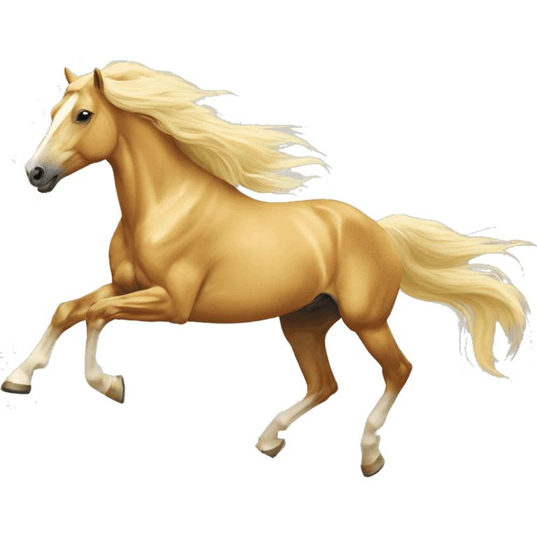 Yellow palomino horse with long flowing mane galloping with prosthetic leg, slender horse, solid yellow horse, running, yellow horse galloping with prosthetic leg, pretty horse emoji