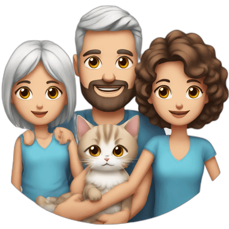 Family dad with brown eyes + mother with blue eyes + baby girl + one Persian cat emoji