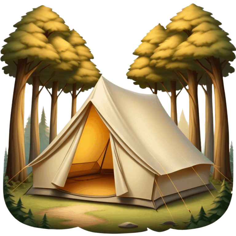 Cinematic Realistic Tent, a sturdy canvas tent nestled among tall trees, warm golden light spilling from inside, gentle folds in the fabric visible, glowing against the cool, dark forest backdrop, evoking a sense of adventure and comfort. emoji