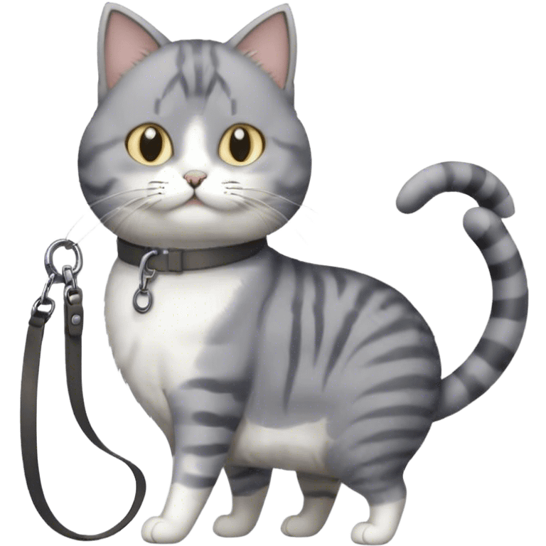 gray and white cat on a leash emoji