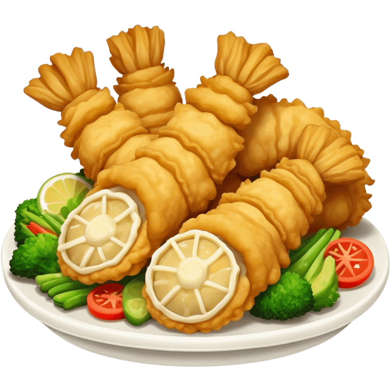 Tempura Cinematic Realistic Tempura Dish Emoji, depicted as extra crispy, lightly battered seafood and vegetables, rendered with vivid textures and dynamic, bright lighting. emoji