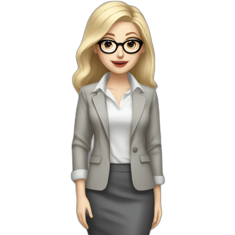 full height pale skin woman with cold blonde straight hair, care haircut, White blouse, Gray oversize jacket, Gray skirt and metal glasses holding a color palette in the hands emoji