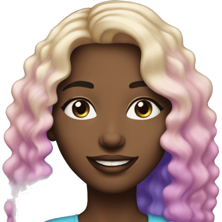 An adult white-skinned woman, with makeup, smiling, face with pink and purple glittery, blue eyes, long wavy ombre hair from brown roots to blonde ends, ring earrings, black T-shirt. emoji