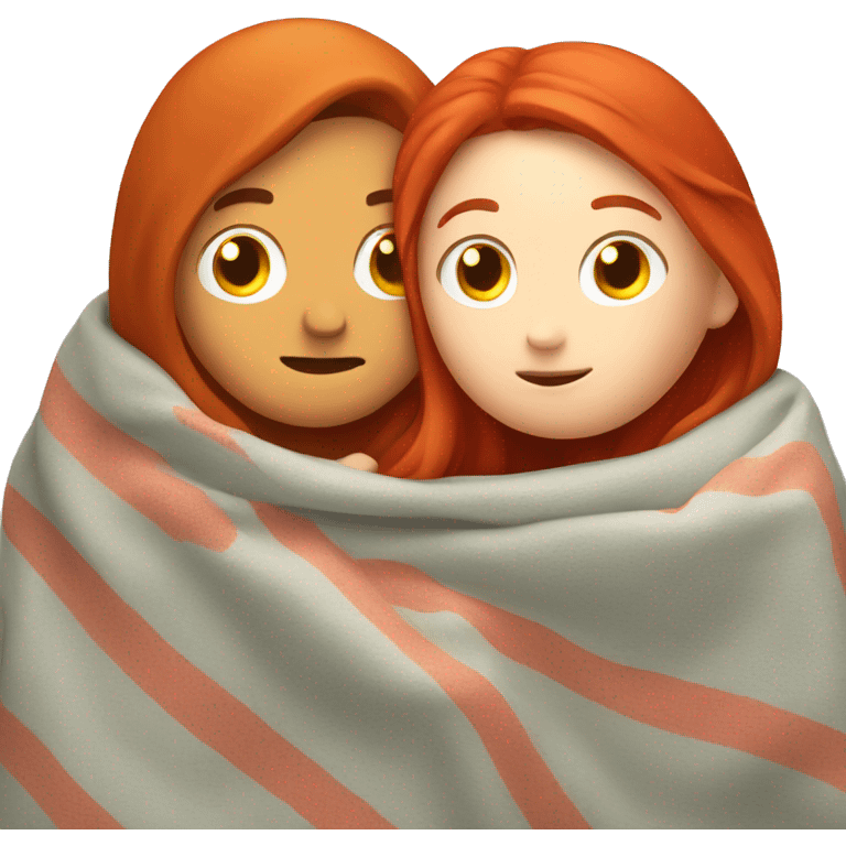 Moustache boy hugs a red hair girl, under a blanket emoji