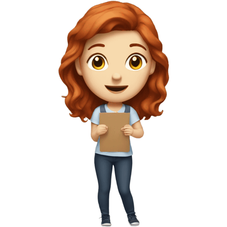 Woman with auburn hair, tapping a sign  emoji