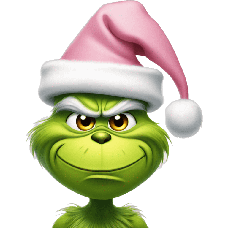 grinch face with a smirk wearing a light pink santa hat emoji